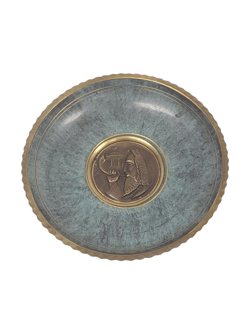 Vintage Solid Brass Pal Bell Rabbi With Shofar Wall Plate 7 5/8"